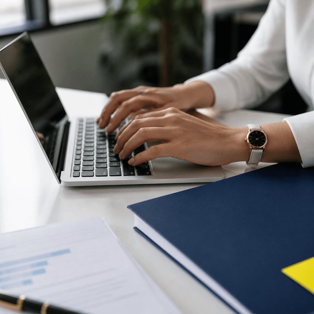 Mâini care lucrează la laptop cu documente administrative, consultanță de afaceri